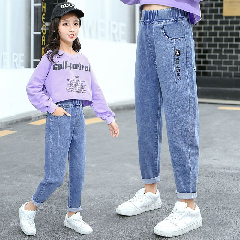女童洋氣寬鬆彈力牛仔褲外穿2023春秋季新款中大童兒童休閒長褲子