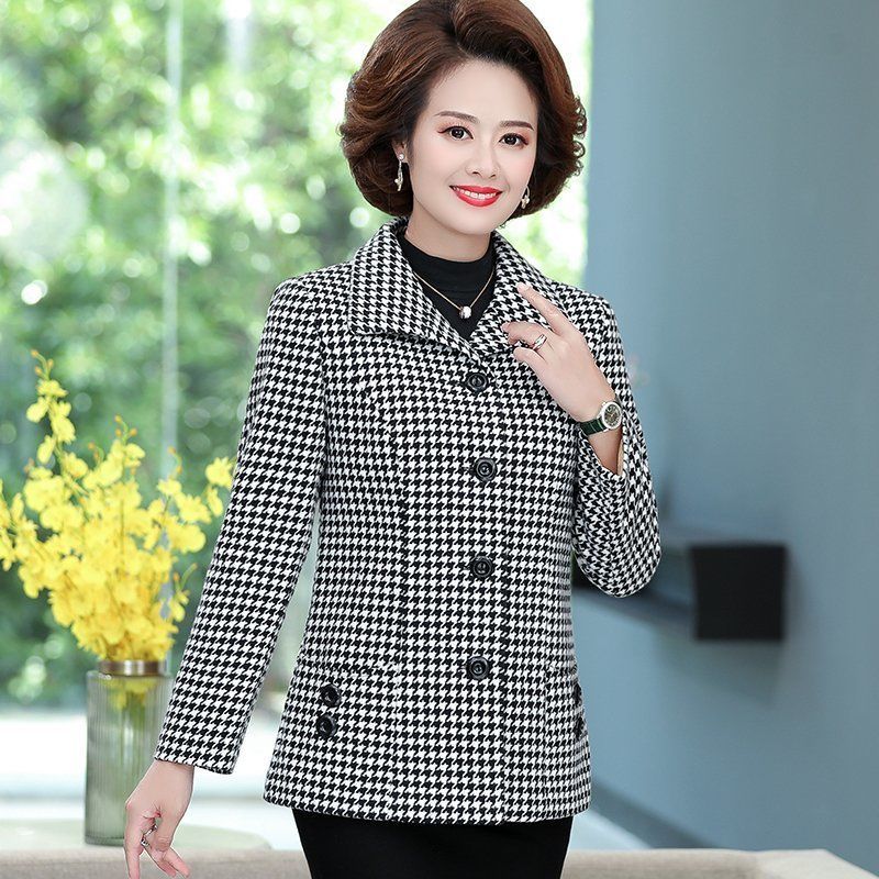 Mother wear new spring and autumn plaid woolen coat large size middle-aged and elderly ladies double-layer foreign style suit woolen jacket