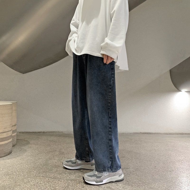 水洗復古牛仔褲男港風寬鬆直簡闊腿褲百搭韓版潮流拖地老爹長褲子