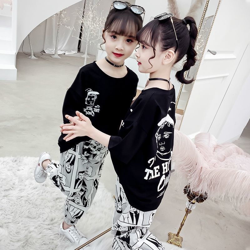 男童女童洋气套装2023新款个性印花短袖夏季韩版中大童时尚两件套
