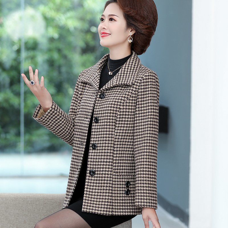 Mother wear new spring and autumn plaid woolen coat large size middle-aged and elderly ladies double-layer foreign style suit woolen jacket