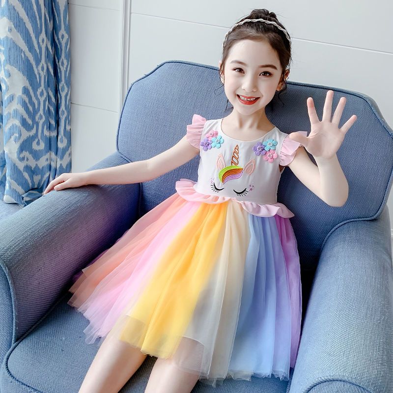 女童連衣裙夏裝2023新款洋氣小女孩彩虹兒童裙子公主裙蓬蓬紗童裝