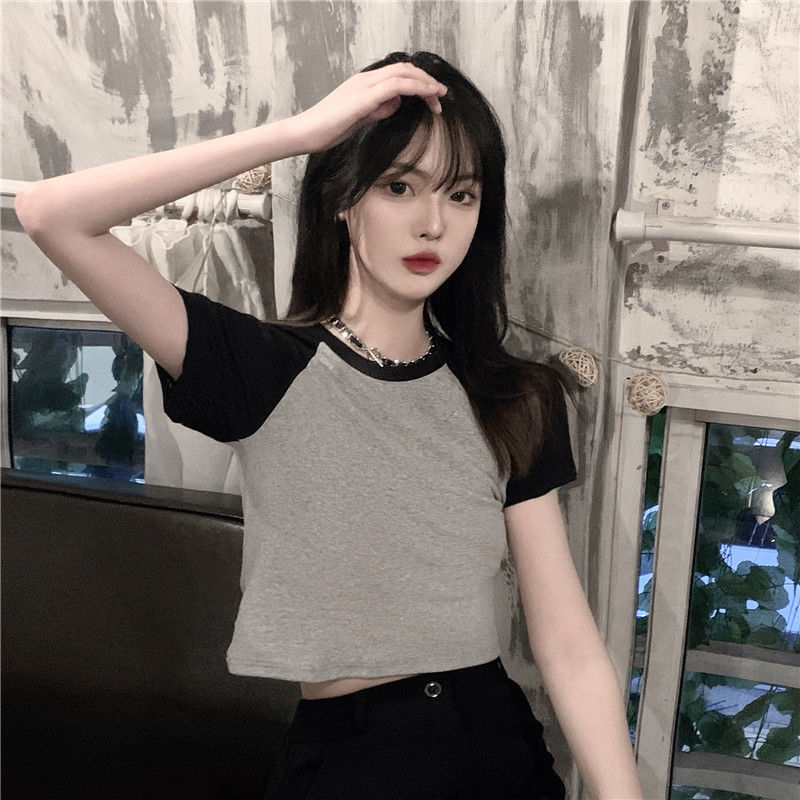 Korean version of the Korean version of the tight short section navel t-shirt female student small summer simple short-sleeved high waist bottoming top