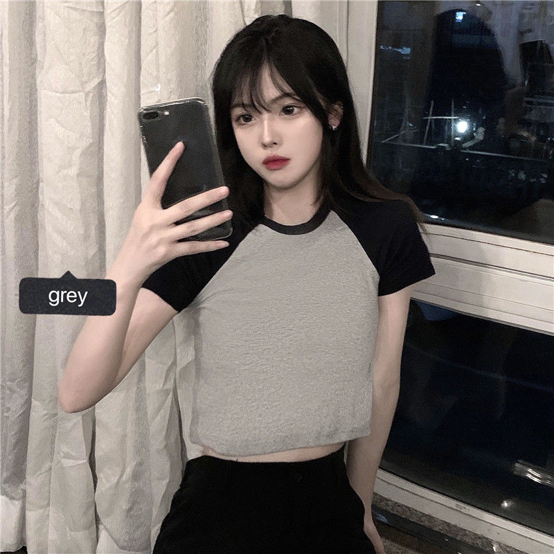 Korean version of the Korean version of the tight short section navel t-shirt female student small summer simple short-sleeved high waist bottoming top