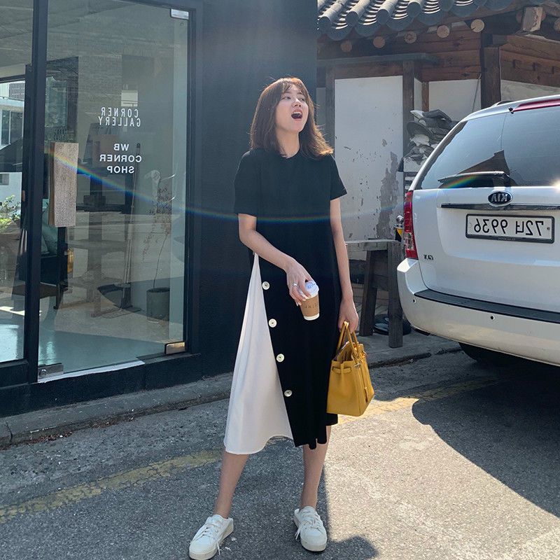 Fat MM extra large size 300 catties T-shirt long skirt 2023 summer loose hidden meat showing thin splicing contrast color over-the-knee dress