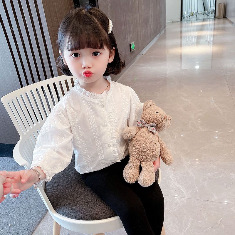 Girls stand collar lace shirt 2023 spring new baby girl lace foreign style princess children's shirt spring and autumn trend