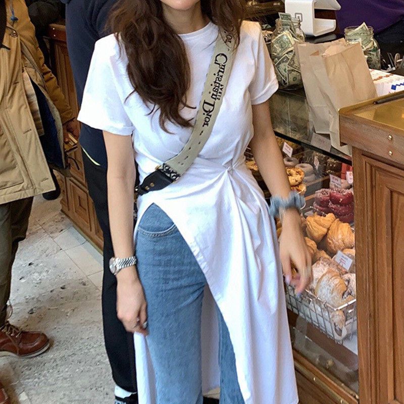 Fat sister extra large size 300 catties T-shirt long skirt summer loose waist hidden meat thin irregular slit dress