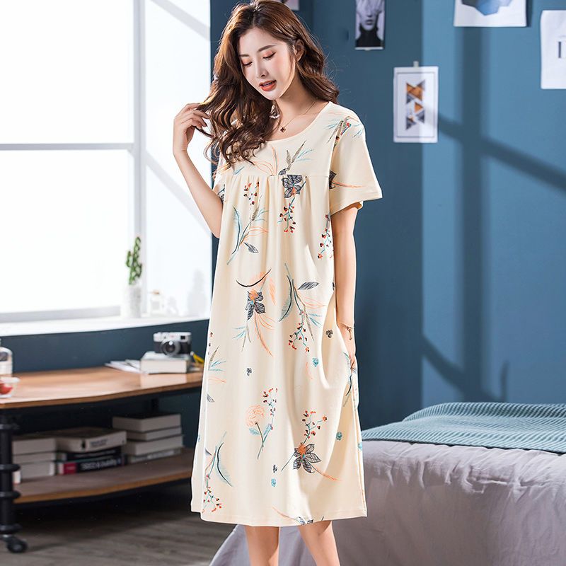 Summer middle-aged mother pure cotton nightdress female summer pajamas short-sleeved plus size loose thin section home clothes can be worn outside