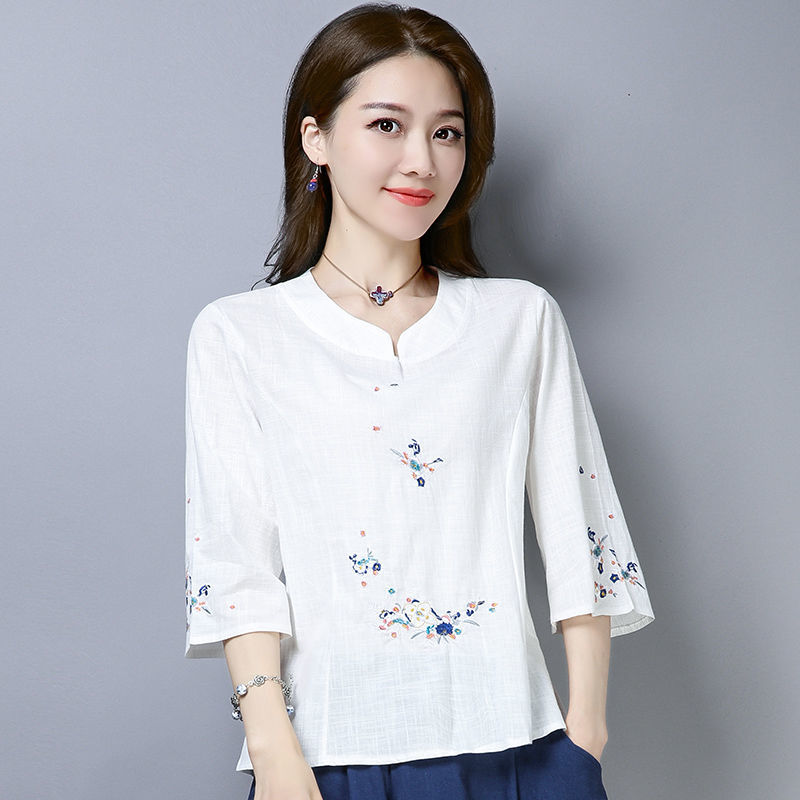 民族風刺繡花棉麻女裝2023夏裝新款七分袖T恤女寬鬆白色夏季上衣