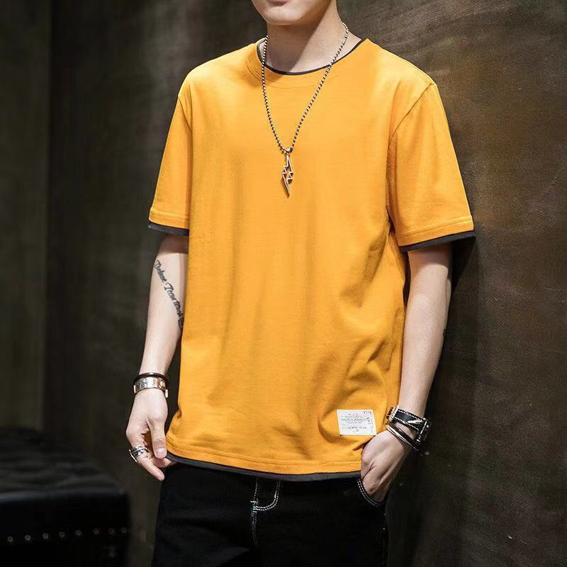 Summer  short-sleeved men's fake two-piece t-shirt Korean version loose all-match half-sleeved ins trendy top 1/2 piece