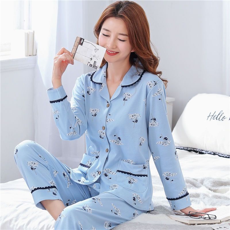 Middle-aged mother's pajamas women's spring and autumn pure cotton long-sleeved middle-aged and elderly women autumn and winter thin section cotton home service suit