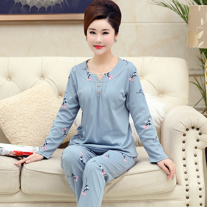 Middle-aged mother's pajamas women's spring and autumn pure cotton long-sleeved thin section XL home service cotton middle-aged and elderly suit