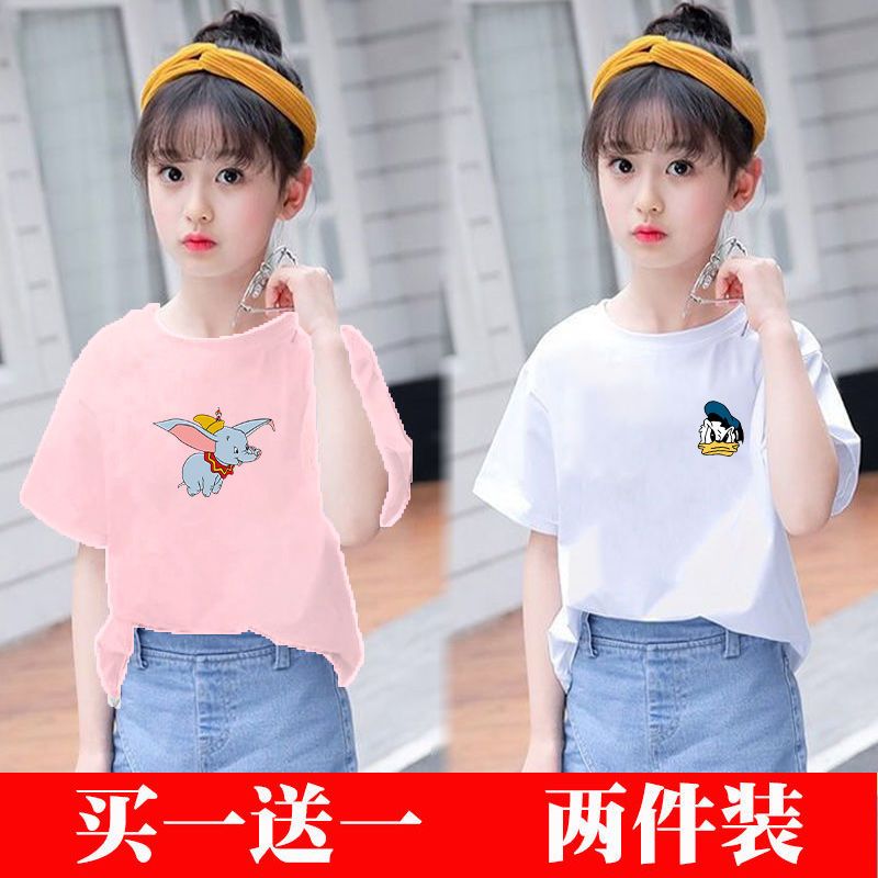 100% cotton Girls pure cotton short-sleeved t-shirt Girls and children's clothes middle and big children's summer clothes students foreign style tops