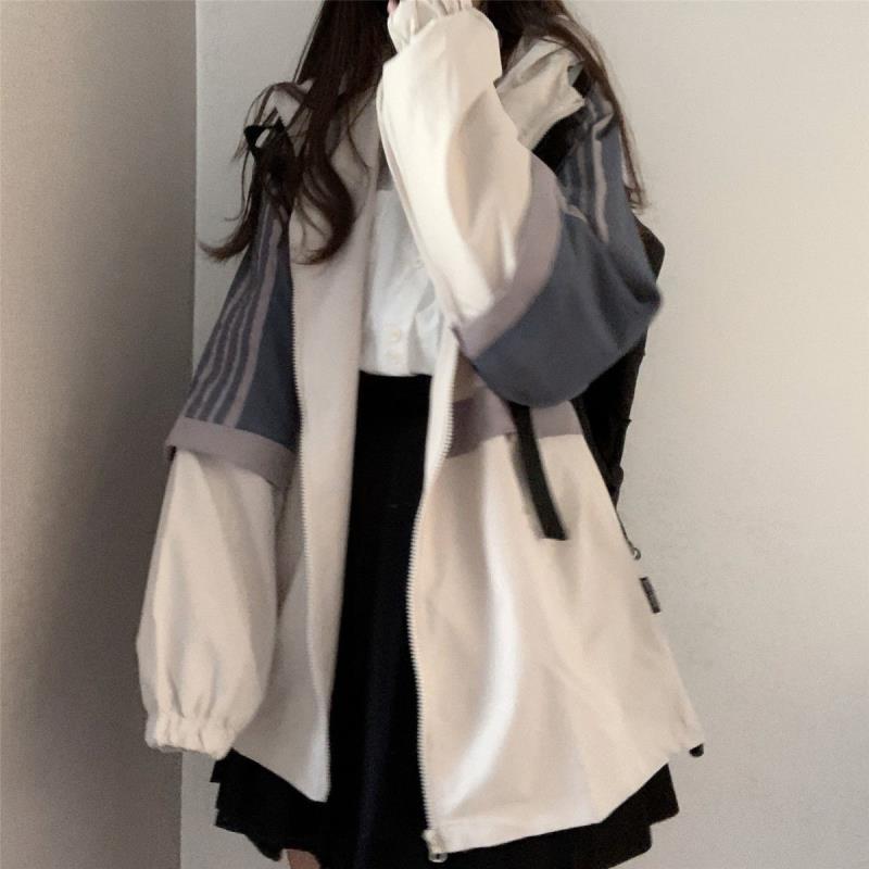 Workwear jacket female Korean version color matching Hong Kong flavor student autumn new stripe retro loose all-match jacket top tide