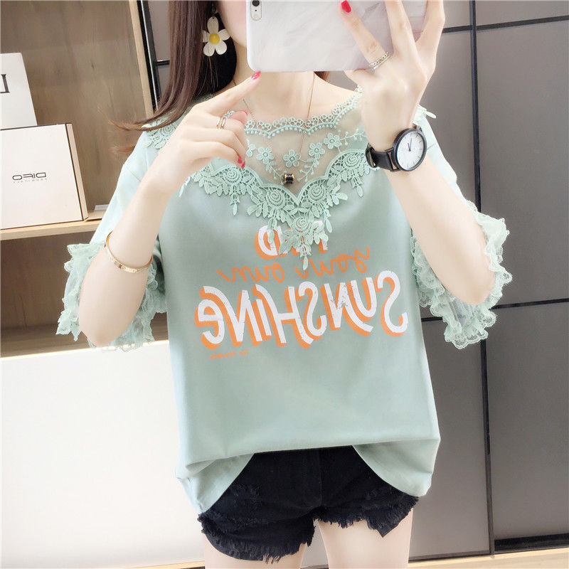 Large size women's clothing fat mm summer new belly cover loose version half-sleeved lace top short-sleeved T-shirt ins tide 200 catties