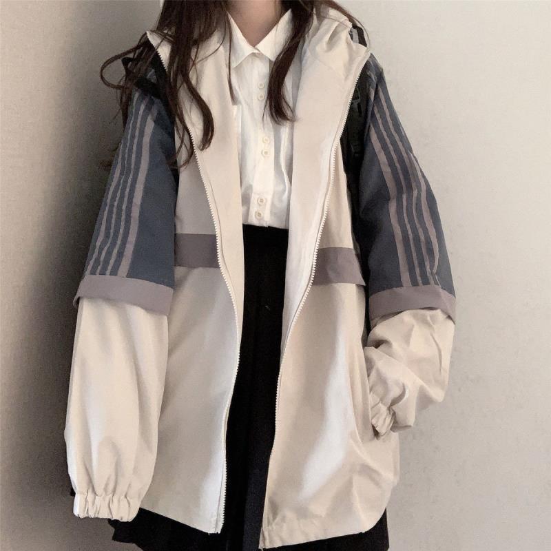 Workwear jacket female Korean version color matching Hong Kong flavor student autumn new stripe retro loose all-match jacket top tide