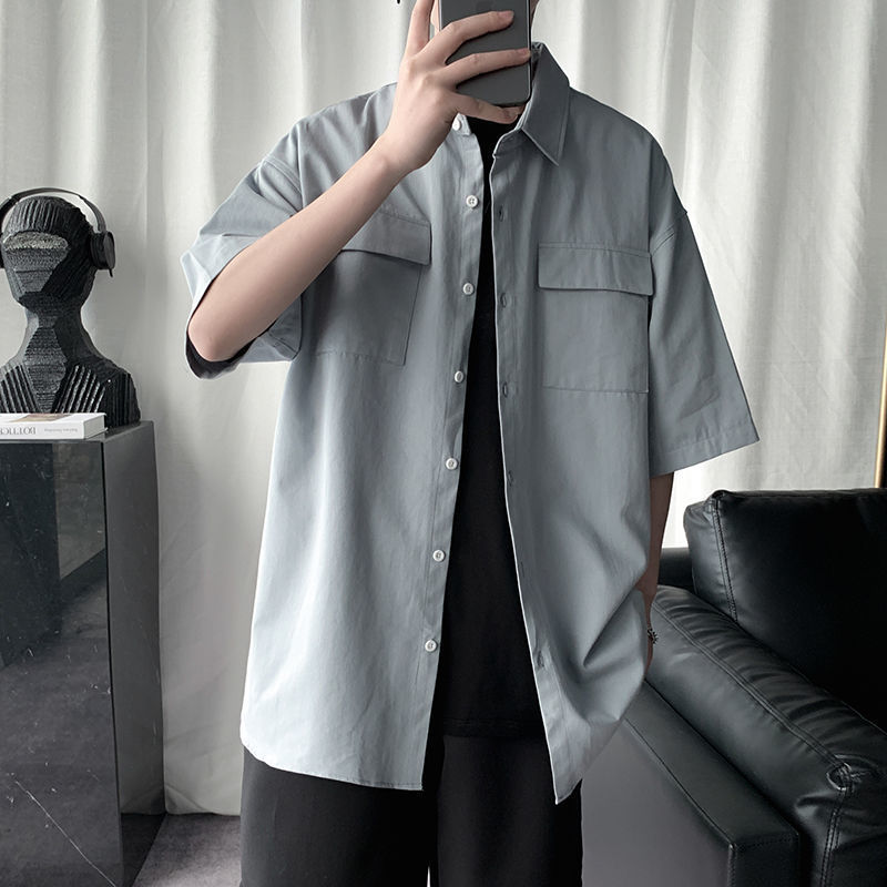 Summer shirt men's short-sleeved student Korean style trendy handsome tooling shirt men's Hong Kong style ruffian handsome casual all-match top