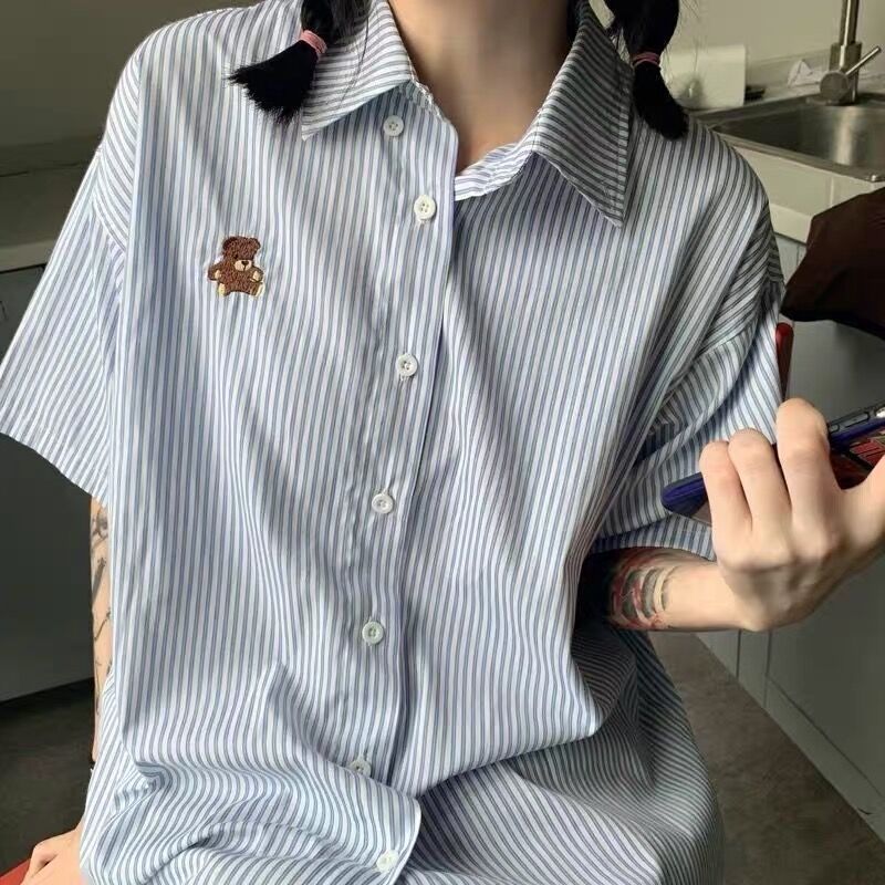 Japanese girl JK short-sleeved cute striped bear shirt female autumn and winter college style loose design shirt jacket