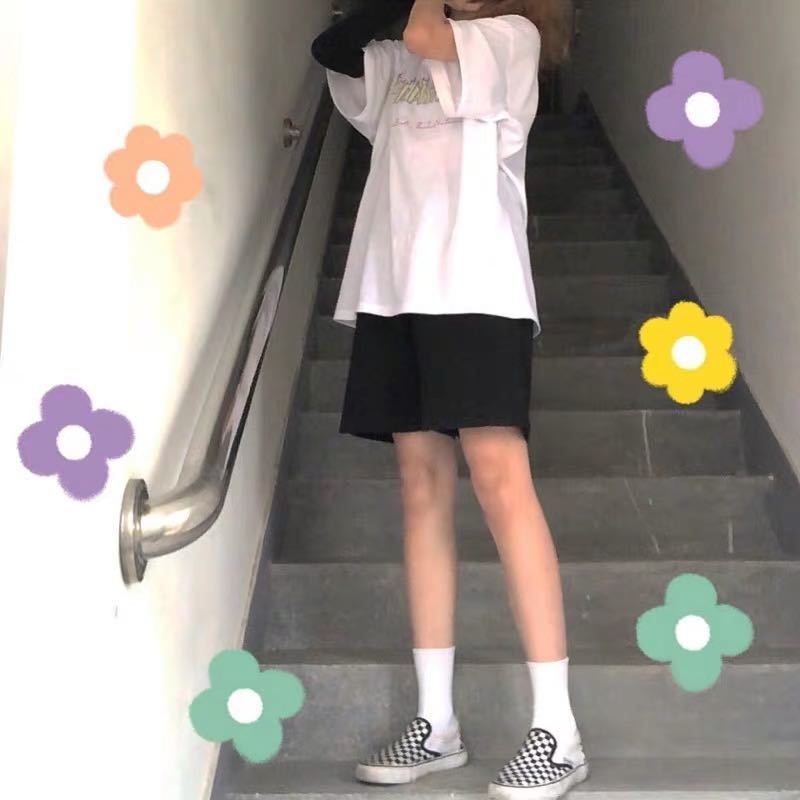 Black five-point casual sports shorts children students Korean version of loose new Joker outside wear high waist wide leg pants summer
