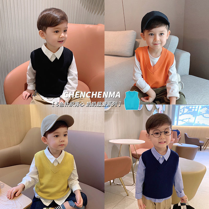 Spring, autumn and summer baby knitted vest boys foreign style all-match vest V-neck outer wear tops children's sweater girls