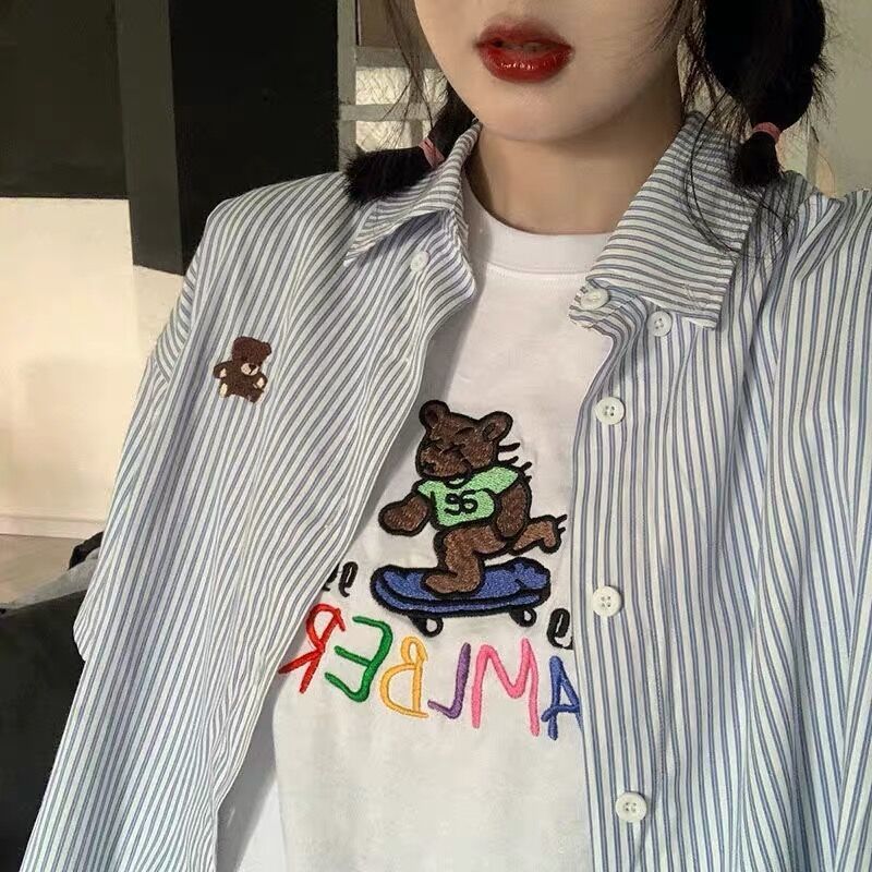 Japanese girl JK short-sleeved cute striped bear shirt female autumn and winter college style loose design shirt jacket