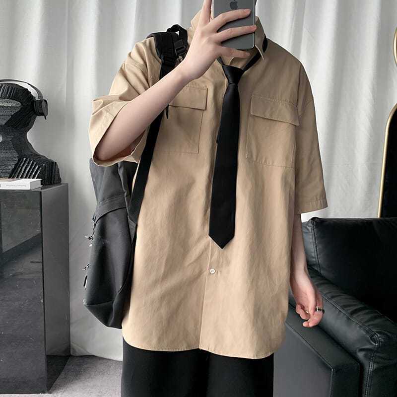 Summer shirt men's short-sleeved student Korean style trendy handsome tooling shirt men's Hong Kong style ruffian handsome casual all-match top