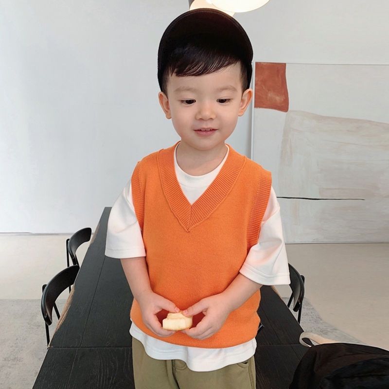 Spring, autumn and summer baby knitted vest boys foreign style all-match vest V-neck outer wear tops children's sweater girls