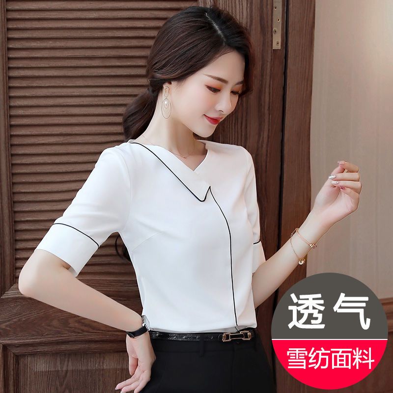 白色雪紡襯衫女短袖韓版洋氣露鎖骨v領上衣夏季時尚百搭氣質襯衣