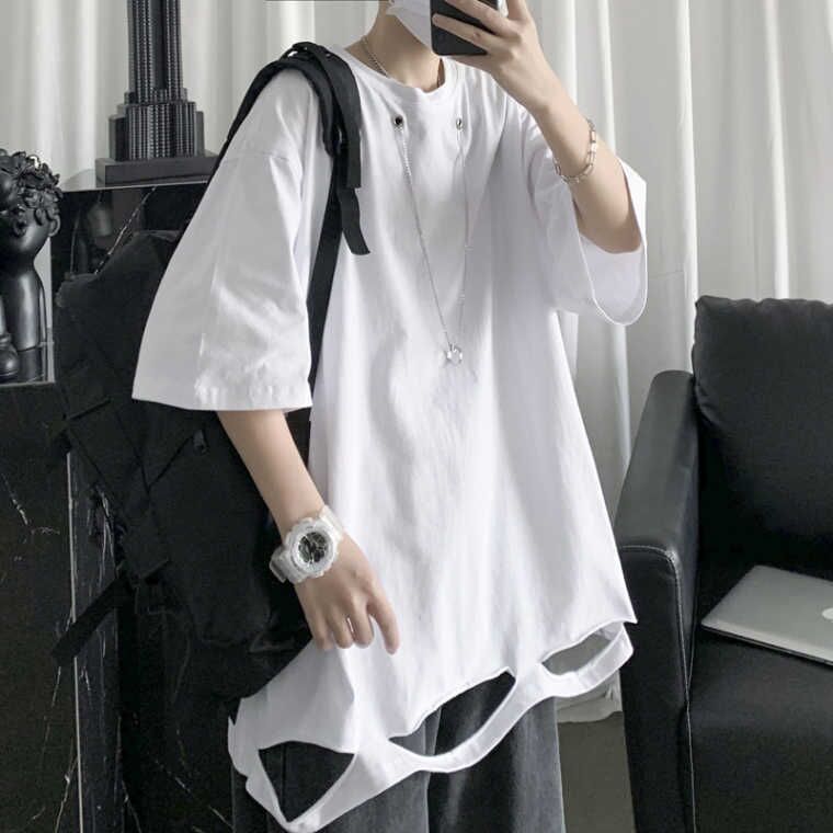Men's short-sleeved T-shirt with necklace Hong Kong style multi-overlap ripped top loose solid color half-sleeved bottoming shirt trendy ins