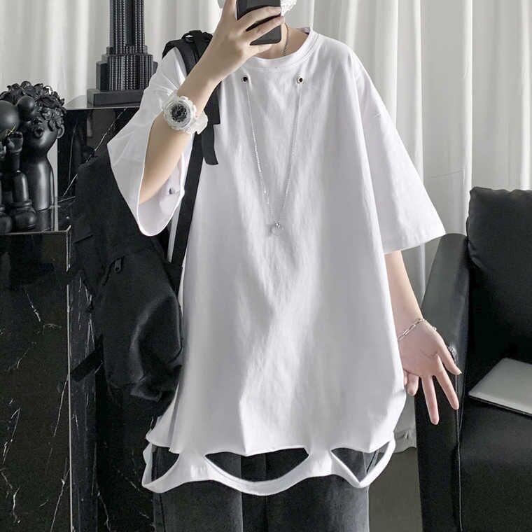 Men's short-sleeved T-shirt with necklace Hong Kong style multi-overlap ripped top loose solid color half-sleeved bottoming shirt trendy ins