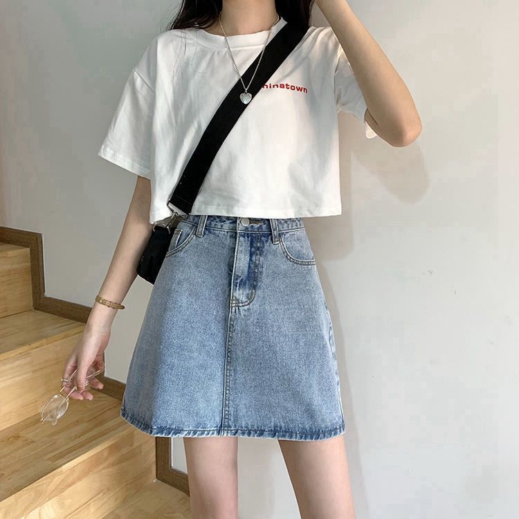 High waist denim skirt A-line skirt for women summer  new style small slim student casual ins hip skirt