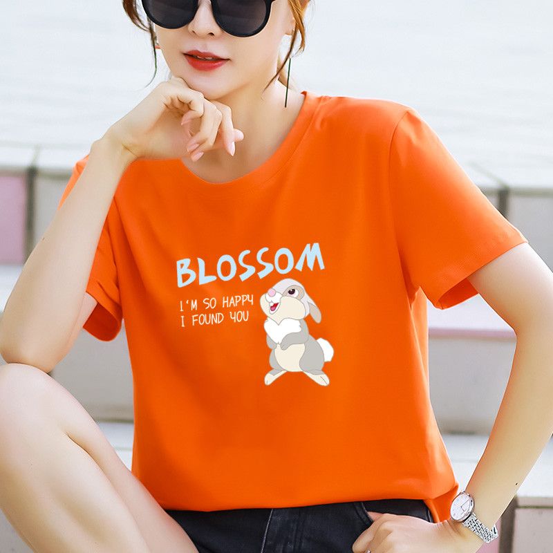 夏季新款高檔純棉橙色短袖t恤女寬鬆橘紅色t恤女半袖百搭時尚洋氣