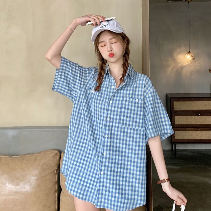 2022 shirt ins Summer Short Sleeve Shirt women's port style coat with lovers' loose Half Sleeve Plaid trend