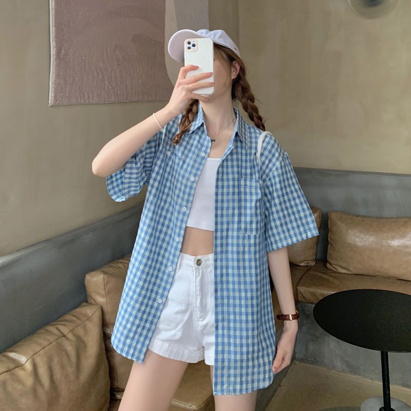 2022 shirt ins Summer Short Sleeve Shirt women's port style coat with lovers' loose Half Sleeve Plaid trend