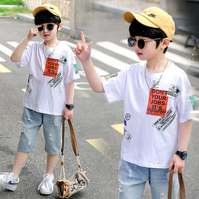 Boys' short-sleeved t-shirt pure cotton  new children's half-sleeved medium and large children's loose and handsome gas shirt Korean version trendy brand