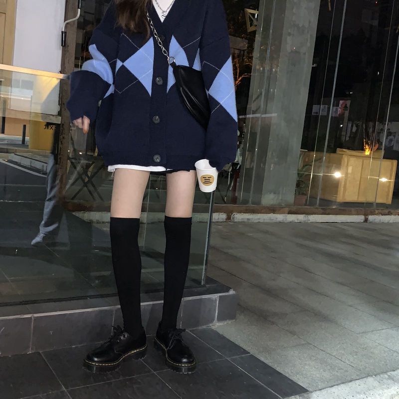 88852-长毛衣外套冬女蓝色宽松v领显瘦拼接格子甜美新款岁针织上衣开衫-详情图