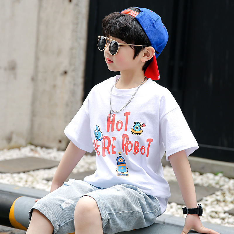 Boys' short-sleeved t-shirt pure cotton  new children's half-sleeved medium and large children's loose and handsome gas shirt Korean version trendy brand