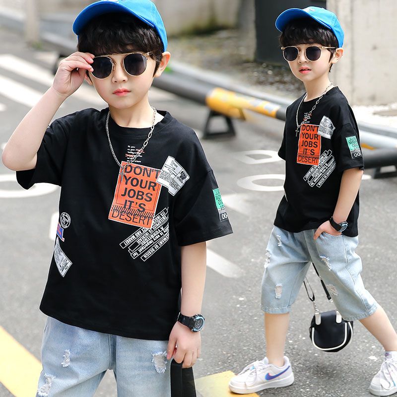 Boys' short-sleeved t-shirt pure cotton  new children's half-sleeved medium and large children's loose and handsome gas shirt Korean version trendy brand