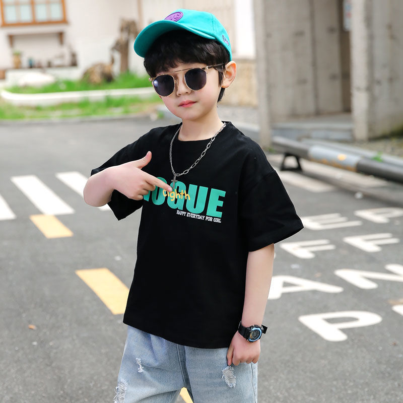 Boys' short-sleeved t-shirt pure cotton  new children's half-sleeved medium and large children's loose and handsome gas shirt Korean version trendy brand