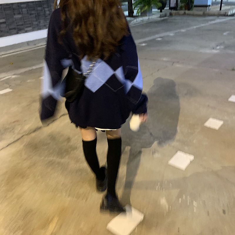 88852-长毛衣外套冬女蓝色宽松v领显瘦拼接格子甜美新款岁针织上衣开衫-详情图