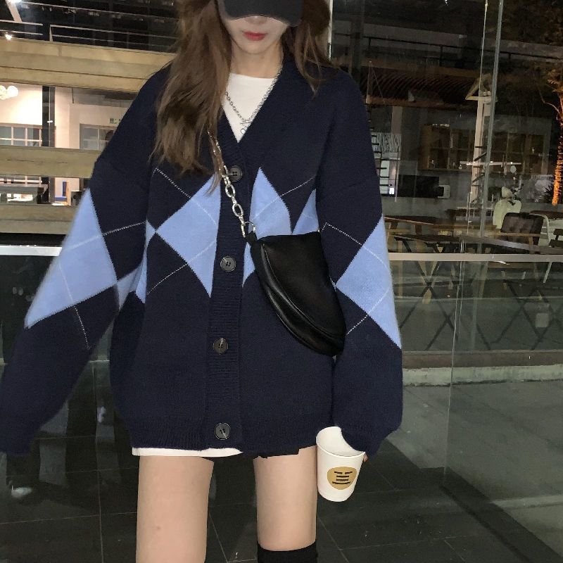 88852-长毛衣外套冬女蓝色宽松v领显瘦拼接格子甜美新款岁针织上衣开衫-详情图