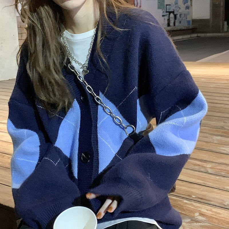 88852-长毛衣外套冬女蓝色宽松v领显瘦拼接格子甜美新款岁针织上衣开衫-详情图