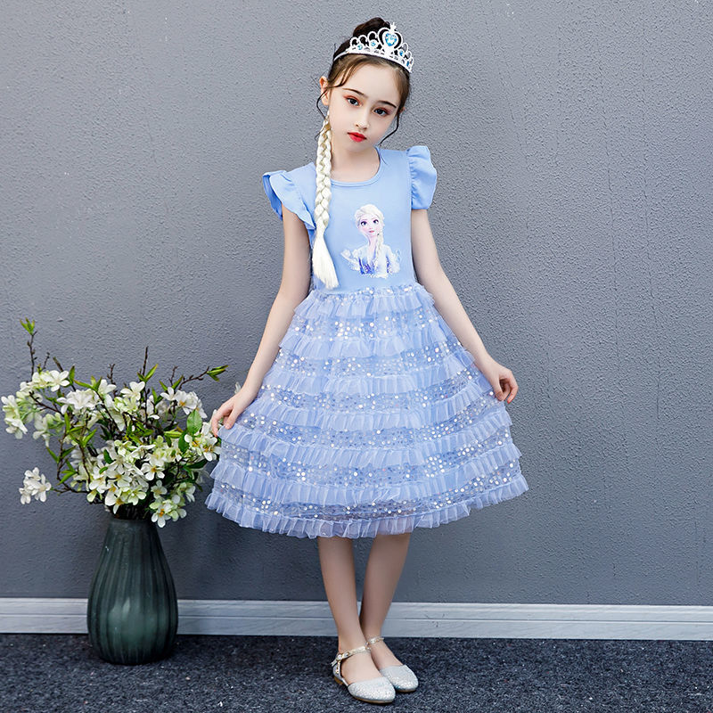 夏季新款爱莎女童公主裙冰雪奇缘艾莎短袖纯棉蛋糕裙爱沙生日礼服