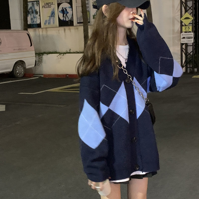 88852-长毛衣外套冬女蓝色宽松v领显瘦拼接格子甜美新款岁针织上衣开衫-详情图