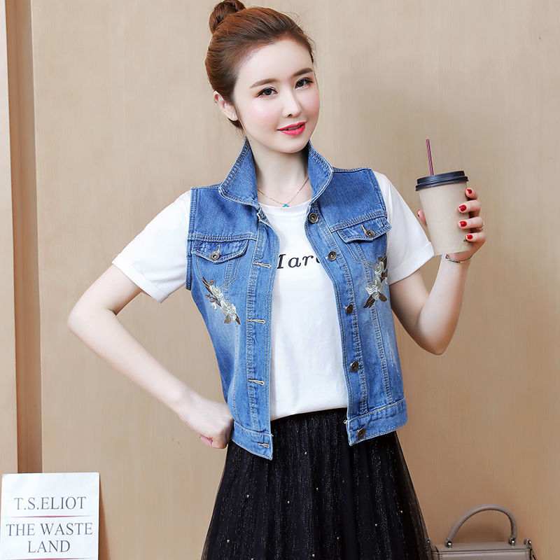 2023 Spring and Autumn New Korean Style Embroidered Plus Size Vest Short Denim Vest Vest Women's Versatile Shoulder Jacket