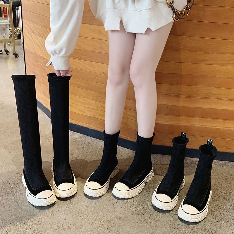 弹力靴春秋短靴女单靴子2021新款冬季平底厚底中筒休闲运动袜子鞋