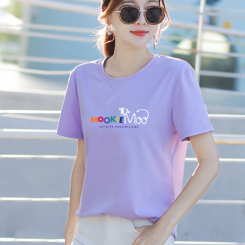 夏季新款高檔純棉紫色女裝短袖t恤正肩半袖寬鬆遮肉上衣時尚顯瘦