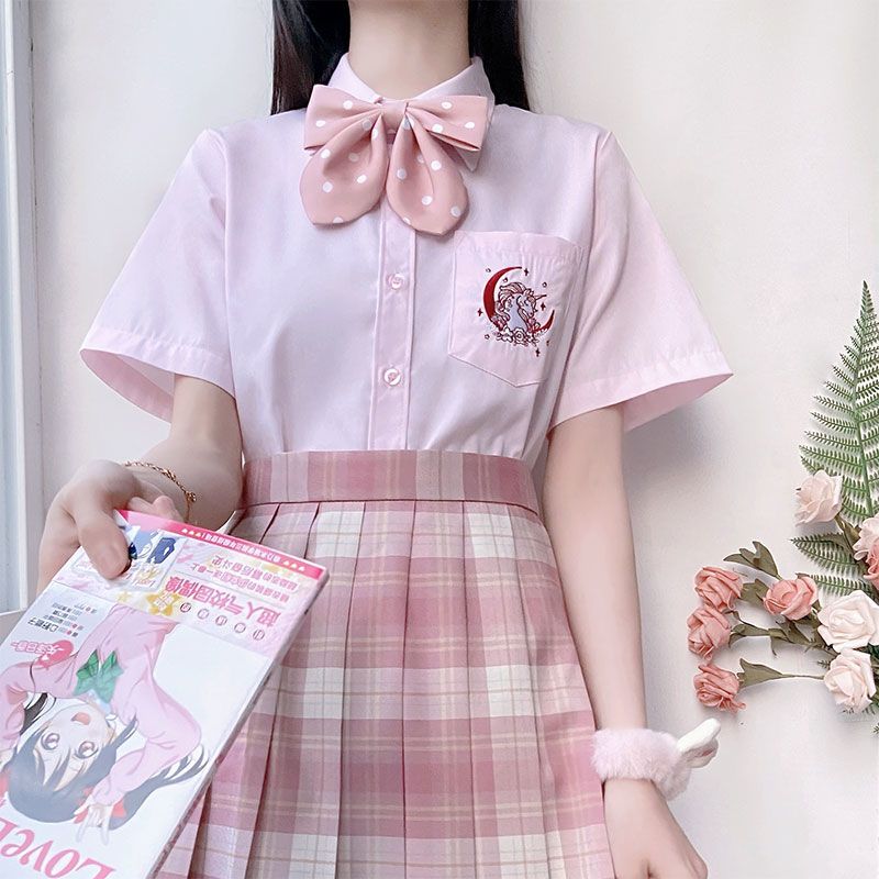 妙氏原創獨角獸JK制服刺繡長袖襯衫粉色短袖學生襯衣班服運動會服