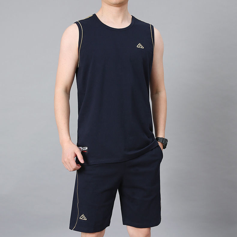 休閒套裝男夏季純棉一套背心短褲籃球服套裝晨跑步服男士運動套裝