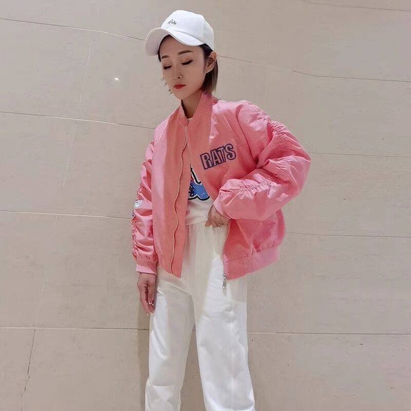 粉色棒球服女2021春秋新款欧货宽松时尚字母刺绣短外套飞行夹克潮